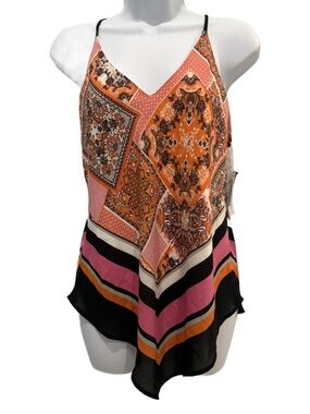 NWT Scarf Print Tank Top by IN San Francisco, Orange,Pink & Black. Medium